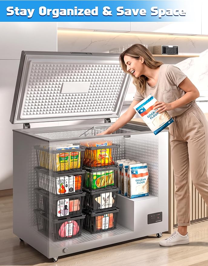 4 Pack Freezer Organizers Bins,Black Stackable Food Baskets | Small Chest Deep Freezer Storage for 5-7 Cu.Ft,Increased Space for Food Storage, Breathable design Easy to Access - Image 4