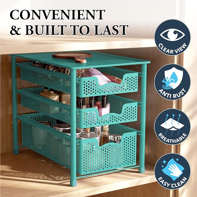 Simple Houseware Stackable 3 Tier Sliding Basket Organizer Drawer, Turquoise (Pack of 2) - Image 5