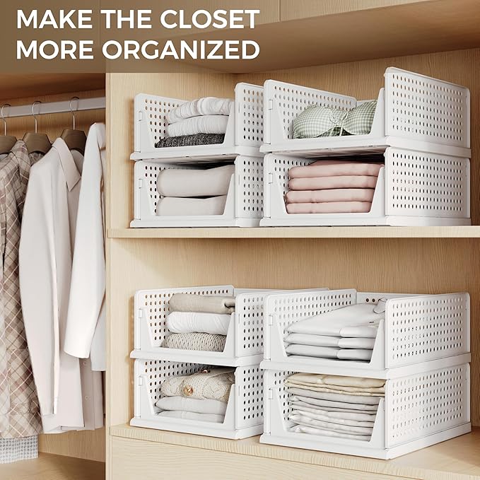 6 Pack Closet Organizer Storage Bins Stackable Plastic Drawer Shelf | Basket for Clothing Stackable Storage Bins Shelf Storage Container for Closet Wardrobe Bedroom Bathroom Office White Foldable - Image 4