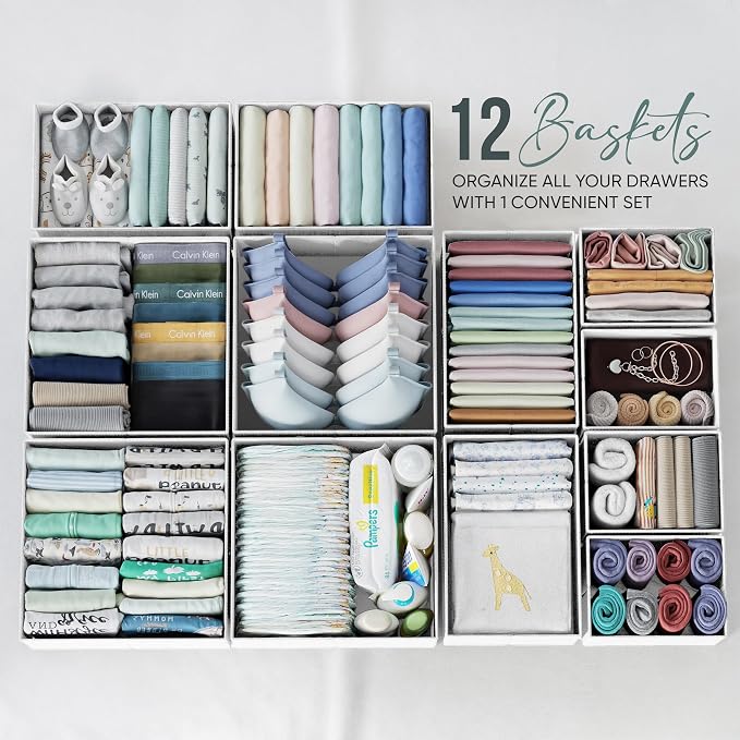 Drawer Organizer Clothes Set of 12 White-Grey - Dresser Organizer For Nursery, Bedroom, Closet - Perfect Baby Clothes Organizer and Storage & General Nursery Organization or Dresser Drawer Organizers - Image 4