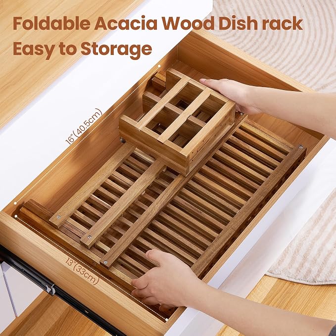 NOVAYEAH Acacia Wooden Dish Drying Rack for Kitchen Counter 2-Tier Collapsible Bmaboo Dish Drying Rack with Utensil Holder-Large Folding Dish Drainer Rack with Flatware Holder 34 pcs Grid | 2-Tier Collapsible Dish Drying Rack with Utensil Holder-Large ... - Image 7
