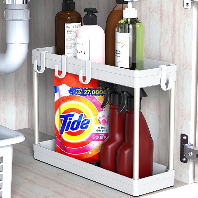 Simple Houseware 2-Tier Under Sink Organizer Storage Tray with Hooks, White by SimpleHouseware