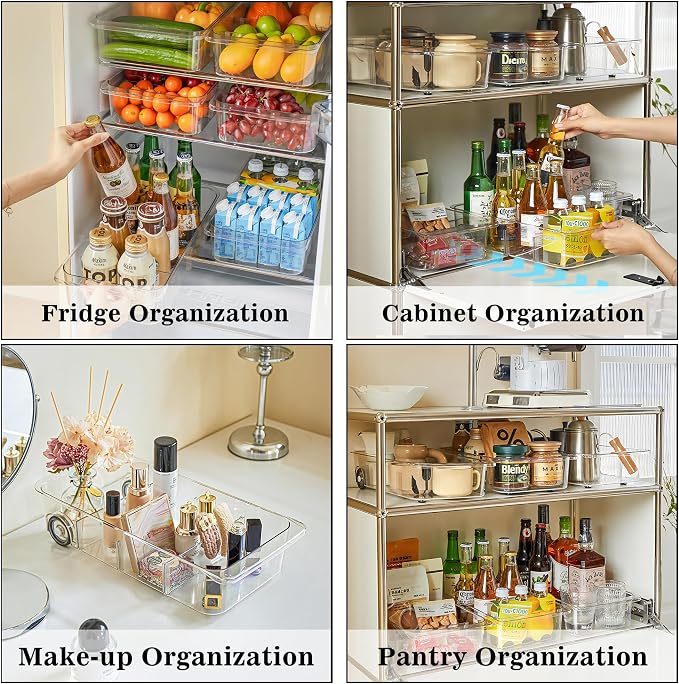 2Pack Roll Out Fridge Caddy Bins Pull Out Drawer with Wheels Refrigerator Organizer Bins with Handles Divided Fruit Caddy for Fridge Pantry Cabinet Storage Cans Drinks - Image 5