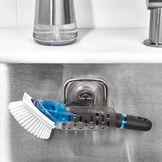 OXO Good Grips Stronghold Suction Sponge Holder | Sink Caddy, Suctions To Inside of Sink, Holds Sponges and Brushes, Ideal for Keeping Counters Neat - Image 10