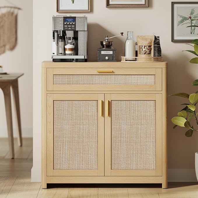 VASAGLE ELLAN Collection - Boho Buffet Cabinet with Rattan-Look Doors, Sideboard Storage Cabinet, Rounded Corners, Adjustable Shelf, Drawer, for Kitchen, Oak Beige UBBK601YC01 by Unknown