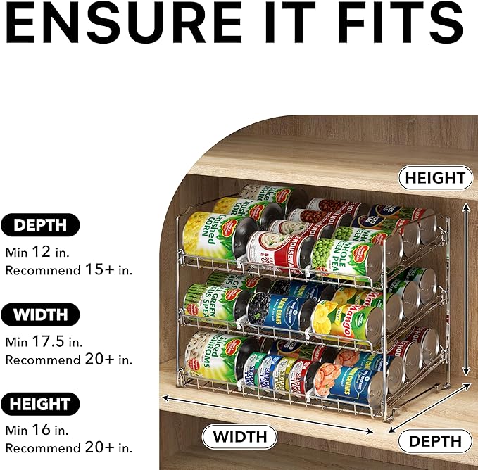 Simple Houseware 3-Tier Stackable Can Organizer Rack Hold 36 Cans, Chrome | Can Food Storage Dispenser for Pantry/Cabinet, Adjustable Dividers – 11.5" D x 17" W x 13.75" H - Image 4