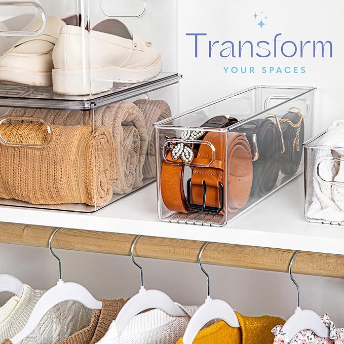 Plastic Food Storage 2 Pack Clear Container Bin with Handles for Organizing Kitchen, Pantry, Refrigerator, Freezer, Pantry, Cabinet, Closet, Bathroom. 16”x4”x5” - Image 5