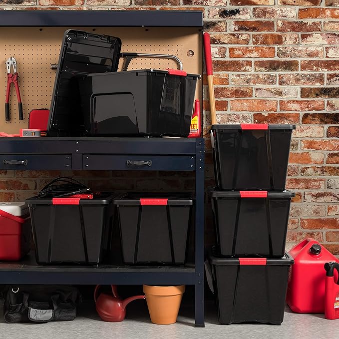 IRIS USA 4-Pack 54 Quart Storage Bins with Lids, Black | Black finish conceals stored items. Perfect for moving, blankets, clothing, and garage storage. Nestable design saves space - Image 3