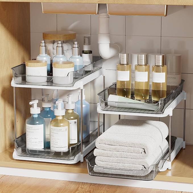Delamu 2-Tier Multi-Purpose Bathroom Under Sink Organizers and Storage, Stackable Kitchen Pantry Organization, Pull Out Medicine Cabinet Organizer with Movable Dividers, Black, 2 Pack - Image 6