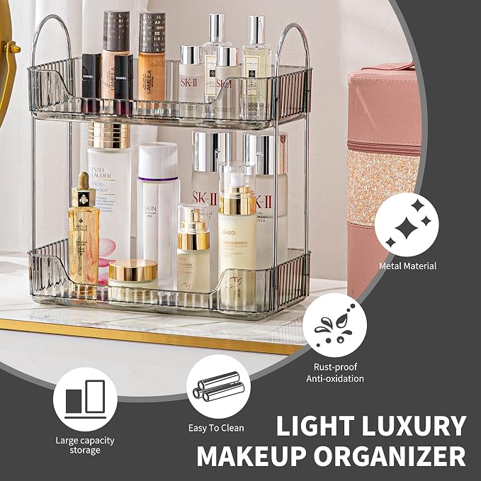 Akinbas 2 Tier Bathroom Organizer Countertop Makeup Perfume Tray Skincare Organizer for Bathroom Dresser Vanity (Grey) - Image 3
