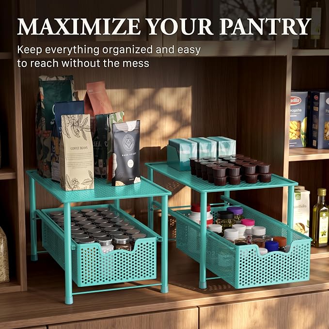 Simple Houseware Stackable Under Sink Sliding Basket Drawer, Turquoise | Perforated Free Standing Organizer, Kitchen/Pantry/Cabinet/Counter - Image 7