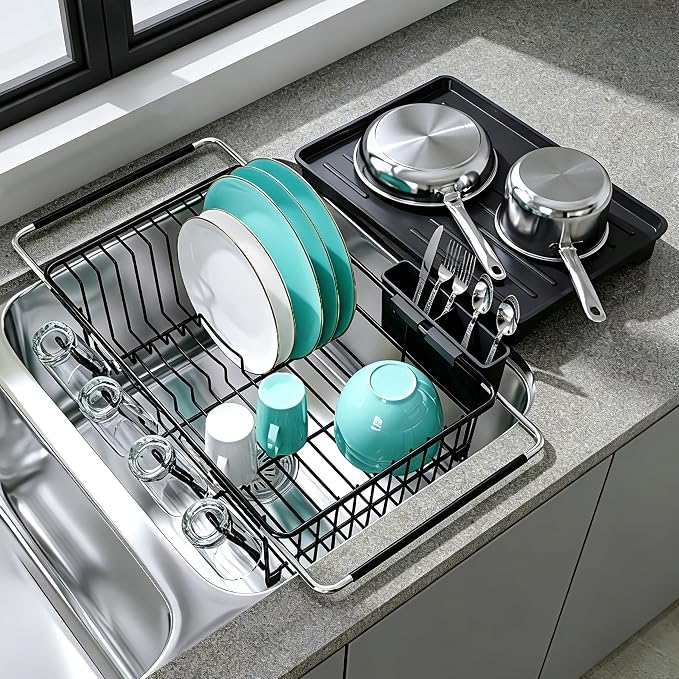 JASIWAY Black Dish Drying Rack in Sink with Drainboard and Utensil Holder | Use Over the Sink or Counter, Stainless Steel Expandable Dish Drainer for Small Kitchen, Space Saving, Fast Drain, Rustproof by JASIWAY