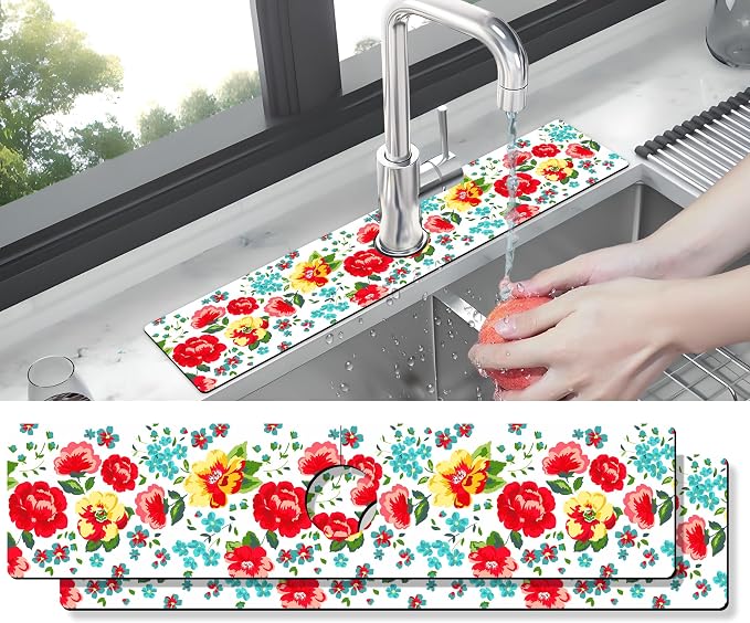 Kitchen Sink Splash Guard Faucet Mat -2 PC Super Absorbent Fast Drying Mat Sink Gadgets-Splash Guard Behind Faucet Drip Catcher for Kitchen, Bathroom,Sink Mat, Dish Drying Mat, Bathroom(23.5" X 5.5" ) by THIDEAPE