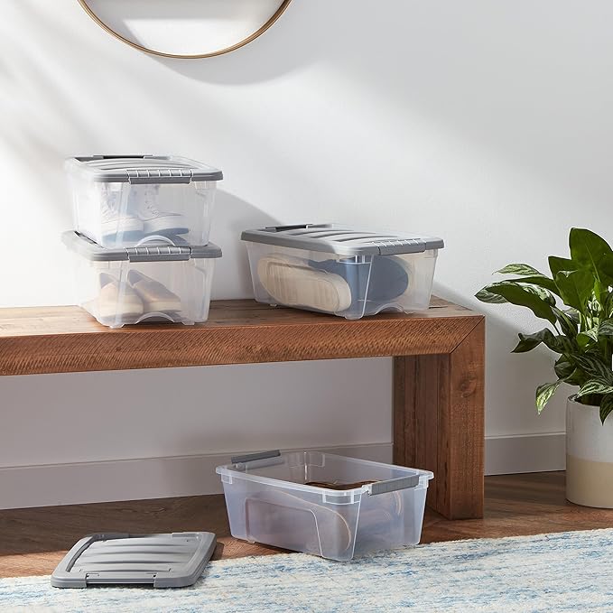 Amazon Basics Plastic Storage Containers with Secure Latching Lids, Stackable Organization Bins, Clear/Grey, 12 Quart, Set of 6 - Image 2