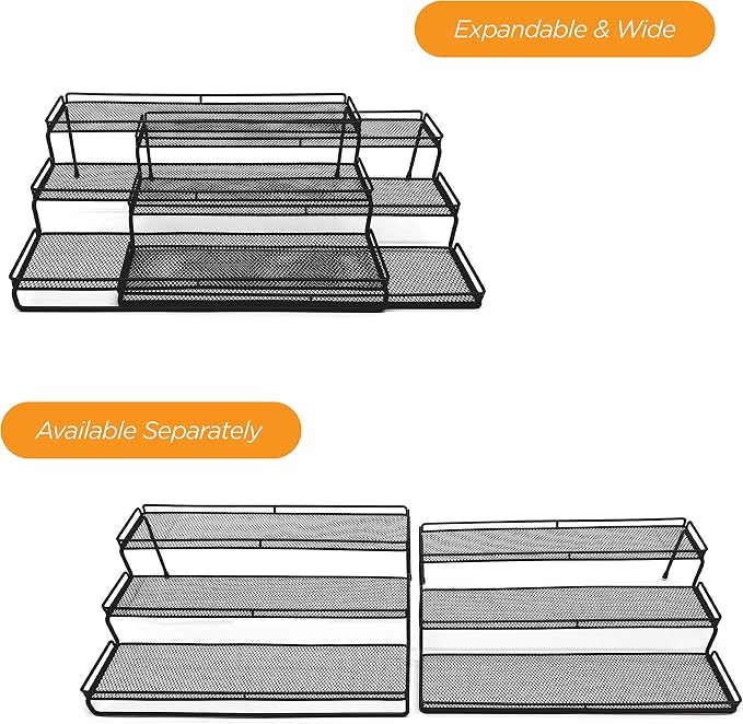 3 Tier Wide Expandable Cabinet Spice Rack Organizer (14.5" to 29.1") - Step Shelf with Protection Railing, Black | Wide, deep expandable spice rack for large spice jars, seasoning bottles, cans, and pantry organization. - Image 8