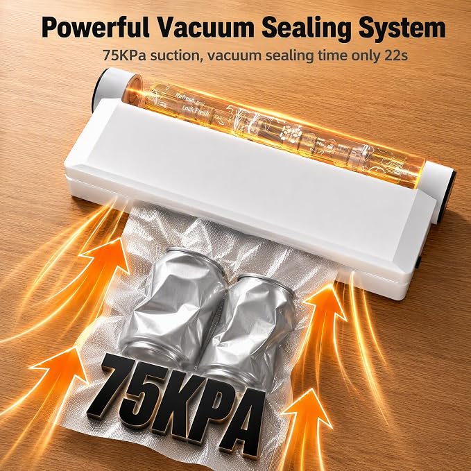 Compact Vacuum Sealer for Food, 75Kpa Food Sealer Machine | 75 Kpa Strong Suction, LED Display, Dual Use for Dry & Wet Foods, with 20 Bags, Ideal for Home Kitchen, White - Image 4