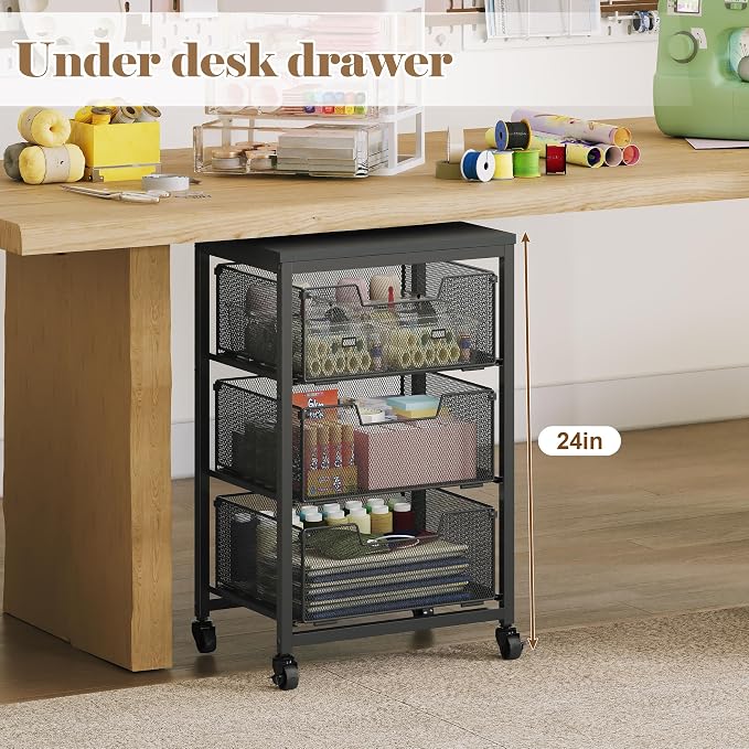 Under Desk Storage Cart with Lockable Wheels, 3-Drawer Rolling Storage Cart, Metal Utility Cart with Drawers for Art, Cart, Classroom, Office, Kitchen, Bedroom, Dorm Storage Under Bed - Image 3