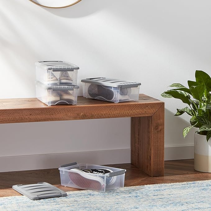 Amazon Basics Plastic Storage Containers with Secure Latching Lids, Stackable Organization Bins, Clear/Grey, 5 Quart, Set of 10 - Image 7