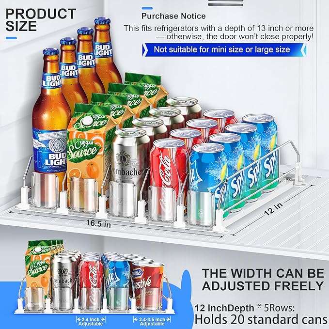 Drink Organizer for Fridge, Upgraded Drink dispenser for fridge, Automatic Pusher Glide,12oz 16oz - Can Dispenser for Fridge - Holds up to 20 Cans - 5 Rows White - Image 3