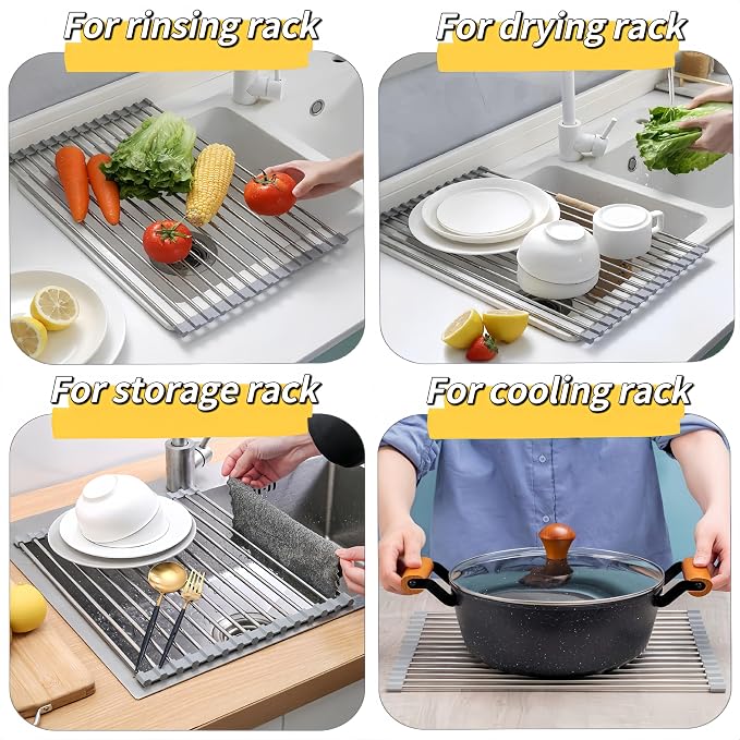 Roll Up Dish Drying Rack, 21.3" x 15.8" Over The Sink Dish Drying Rack, Dish Drying Rack for Kitchen Sink Counter Storage (Grey) - Image 5