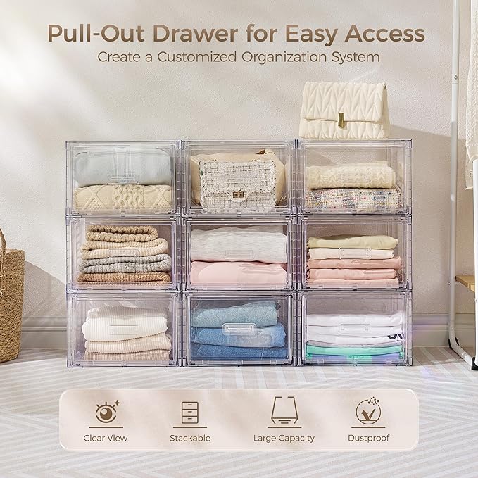 Vtopmart 9 Pack Clear Stackable Storage Drawers 15QT | Easily Assemble Closet Organizers,Plastic Storage Bins for Bathroom,Cabinet,Kitchen Pantry,Under Sink Organization(Medium) - Image 3