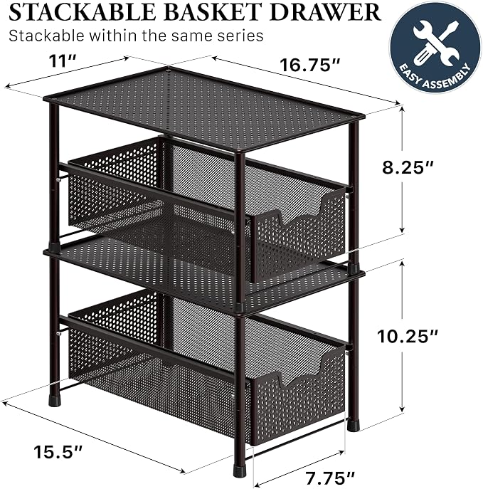Simple Houseware Stackable Under Sink Sliding Basket Drawer, Brown | Perforated Free Standing Organizer, Kitchen/Pantry/Cabinet/Counter - Image 2