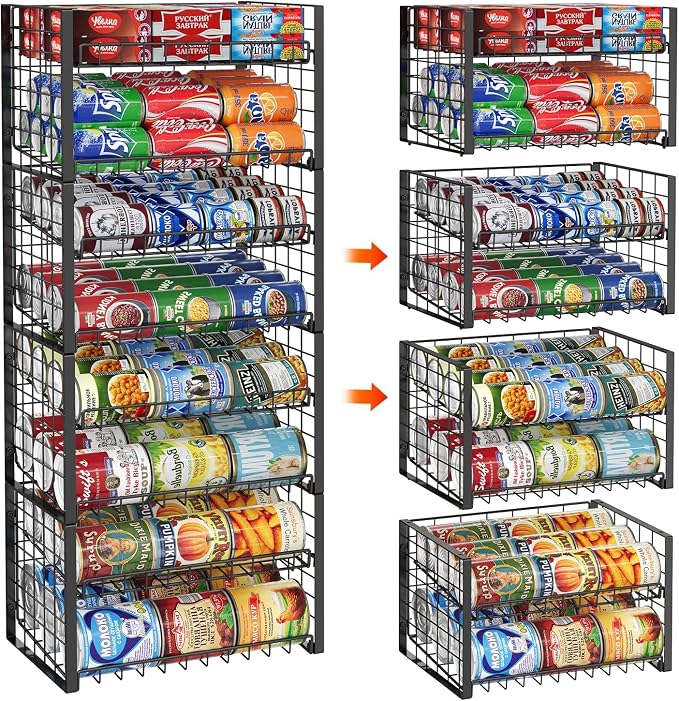 JKsmart 2-Tier Stackable Rack Organizer for Pantry, Adjustable Dispenser Holds Up to 120 Cans, Storage Holder for Various Ounces of Canned Drinks, Black, 4 Pack by JKsmart