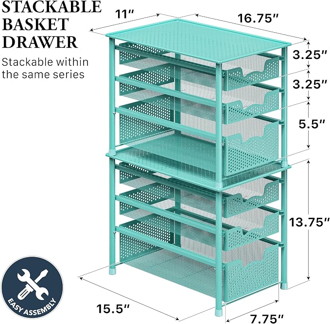 Simple Houseware Stackable 3 Tier Sliding Basket Organizer Drawer, Turquoise (Pack of 2) - Image 2