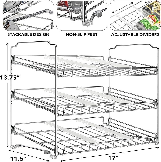 Simple Houseware 3-Tier Stackable Can Organizer Rack Hold 36 Cans, Chrome | Can Food Storage Dispenser for Pantry/Cabinet, Adjustable Dividers – 11.5" D x 17" W x 13.75" H - Image 3