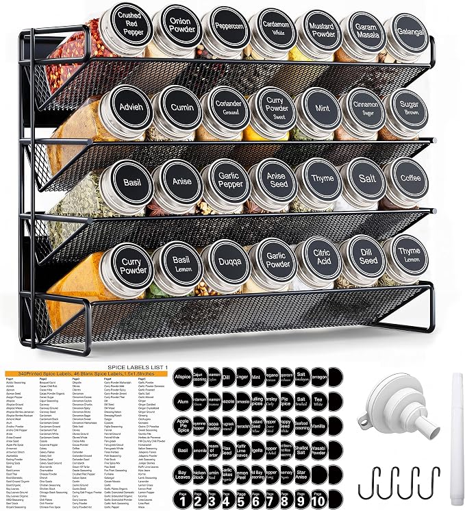 Spice Rack Organizer for Cabinet with 28 Spice Jars, 386 Spice Labels, Magnetic Spice Rack for Refrigerator, Seasoning Organizer for Countertop, Kitchen, Pantry, 13.2" W x 9.8" H, Black by UVIAHOMIHOMEORGANIZER