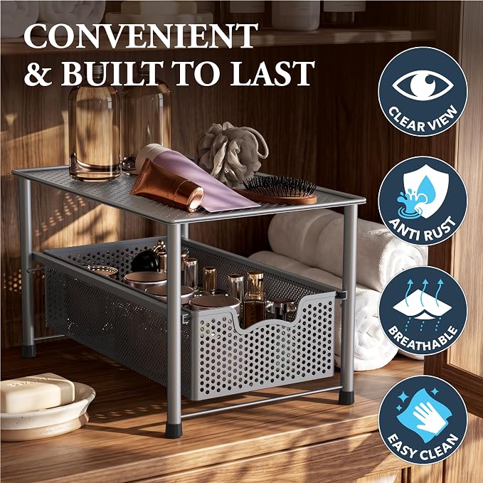 Simple Houseware Stackable Under Sink Sliding Basket Drawer, Silver | Perforated Free Standing Organizer, Kitchen/Pantry/Cabinet/Counter - Image 5
