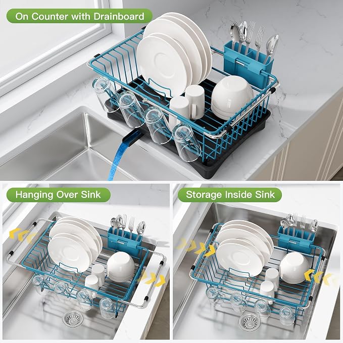 JASIWAY Blue Dish Drying Rack in Sink with Drainboard and Utensil Holder | Use Over the Sink or Counter, Stainless Steel Expandable Dish Drainer for Small Kitchen, Space Saving, Fast Drain, Rustproof - Image 2