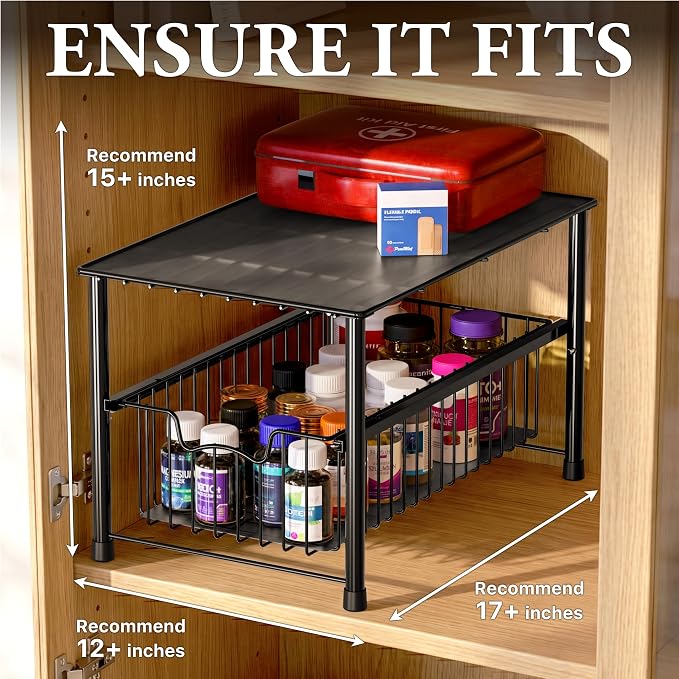 Simple Houseware Wired Stackable Under Sink Cabinet Sliding Basket, Black | Free Standing Organizer Drawer, Kitchen/Pantry/Cabinet/Counter - Image 3