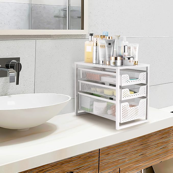 Simple Trending Under Sink Organizer 3-Tier with Sliding Storage Drawer | Multi-Purpose Desktop Organizer, Metal Cabinet Organizer for Kitchen Bathroom Office, Stackbale, Space Saving, White - Image 2