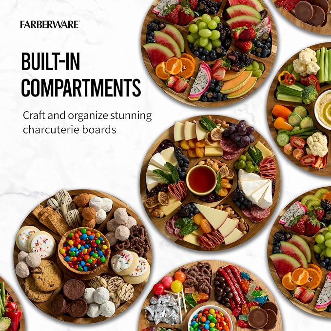 FARBERWARE Build-a-Board Cutting Board with Lazy Susan Turntable, Five Compartments, and Clear Locking Lid for Charcuterie, Snacks, and More, Acacia - Image 6