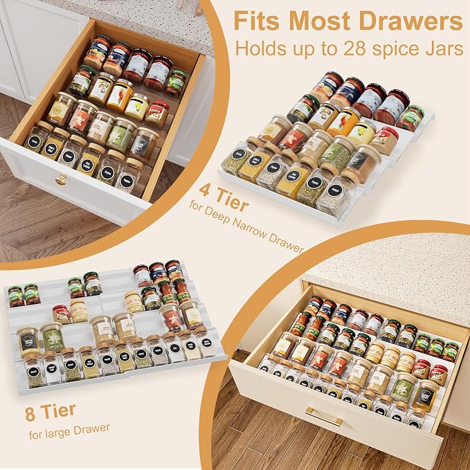 Spice Drawer Organizer 4 Tier, Adjustable Kitchen Seasoning Rack Tray | Expandable from 13" to 26", with Anti-Slip Mat, Acrylic Spice Organization Cabinet Countertop (Jars Not Included)-White - Image 6
