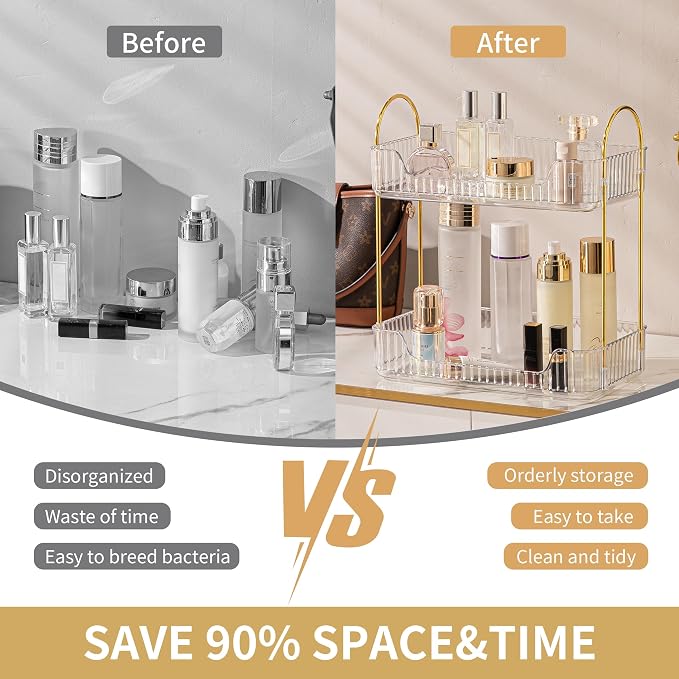 Akinbas 2 Tier Bathroom Organizer Countertop Makeup Perfume Tray Skincare Organizer for Bathroom Dresser Vanity (White) - Image 4