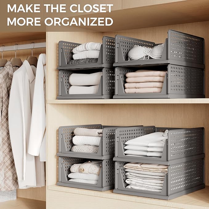 6 Pack Closet Organizer Storage Bins Stackable Plastic Drawer Shelf | Basket for Clothing Stackable Storage Bins Shelf Storage Container for Closet Wardrobe Bedroom Bathroom Office Black Foldable - Image 4