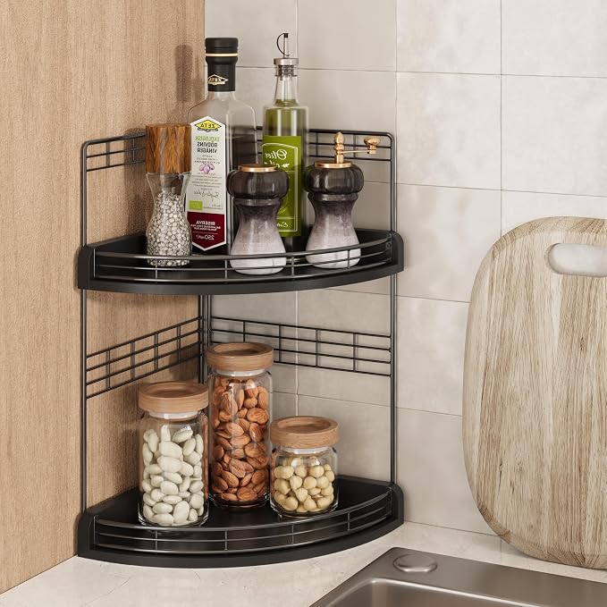 Bathroom Countertop Corner Organizer for Small Spaces, 2-Tier Counter Shelf | Oak Wood & Iron, Fan-Shaped Counter Shelf for Sink & Vanity Corners, Skincare, Toiletries, Compact Vertical Storage, Black - Image 8