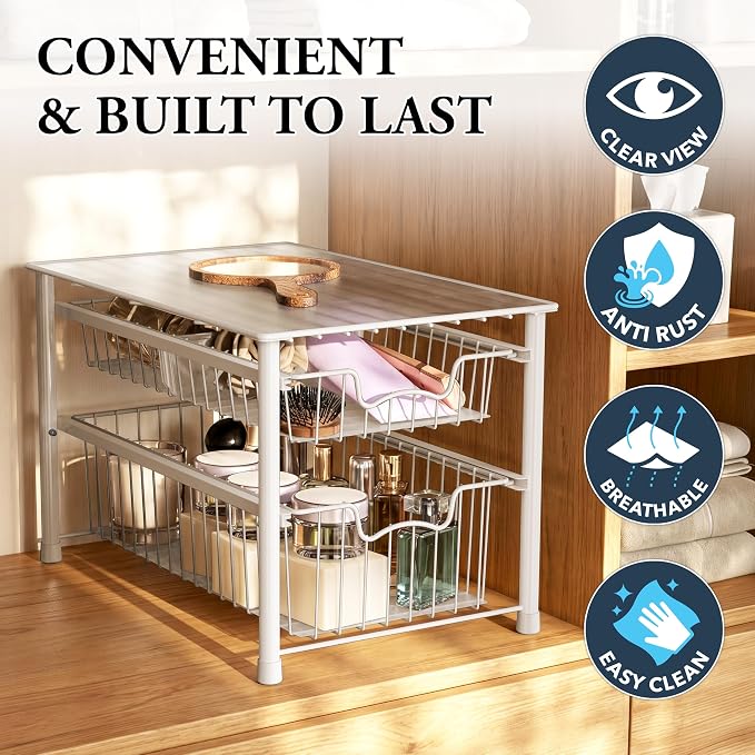 Simple Houseware Stackable Sliding Basket Organizer Drawer, White, 2-Tier (Pack of 2) - Image 5