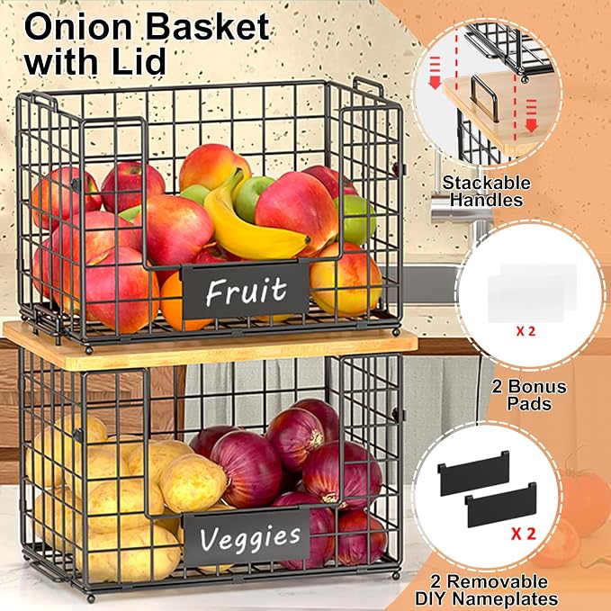 2-Pack Stackable Wire Baskets with 2 Pads & Bamboo Top, Pantry Organizer | Potato and Onion Storage Bin with Labels, Organize Produce/Fruit/Vegetable on Kitchen Counter, Cabinet or Under Sink, XL - Image 4