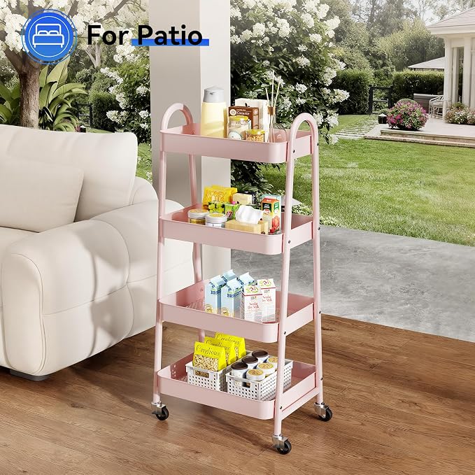 NEWBULIG 4-Tier Metal Rolling Storage Utility Cart with Lockable Wheels | Mobile Organizer Shelf, Space-Saving, Freestanding, Bathroom, Living Room, Slim, Narrow Corner Spaces, Pink - Image 8