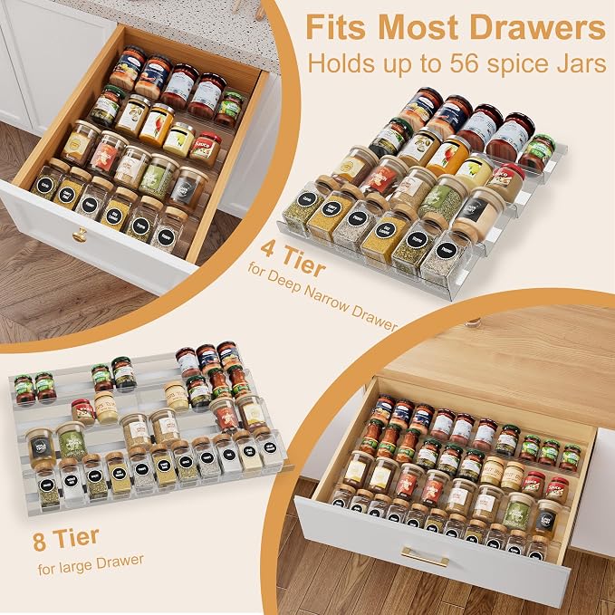8-Pack Spice Drawer Organizer, Expandable Acrylic Seasoning Rack (13" to 26") with Anti-Slip Mat, Kitchen Spice Rack Holds up to 56 Jars (Jars Not Included) - Image 3