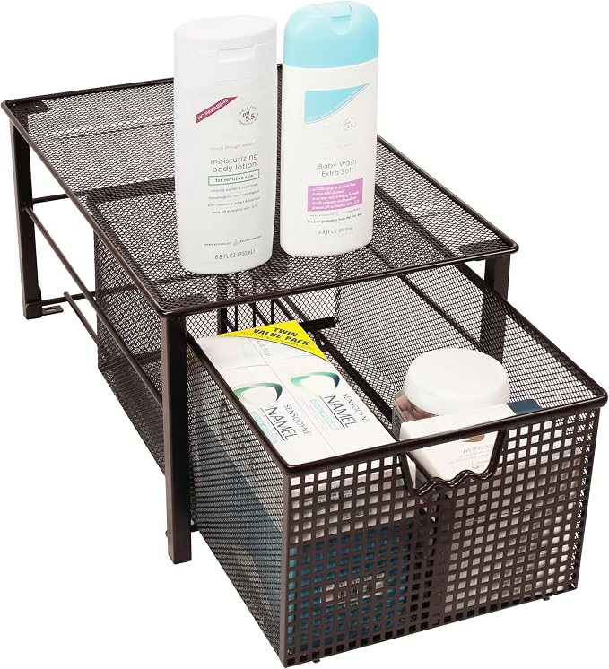 Deco Brothers Stackable Pull Out Cabinet Sliding Basket with Divider, Large | Under Sink Organizer, Bronze - Image 6