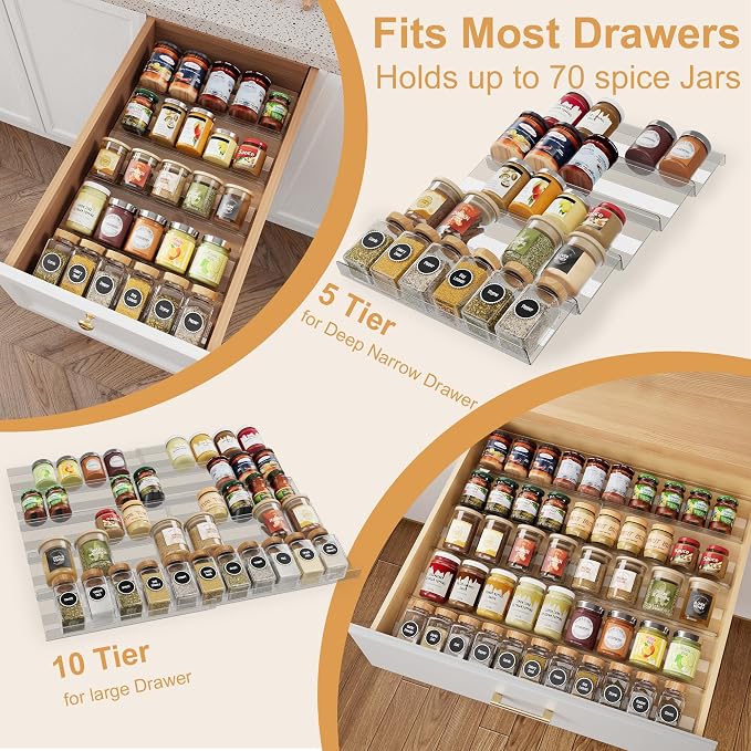 10-Pack Adjustable Spice Drawer Organizer, Expandable Seasoning Rack Tray (13" to 26"), Acrylic Insert with Anti-Slip Mat for Kitchen Cabinet (Jars Not Included) - Image 6