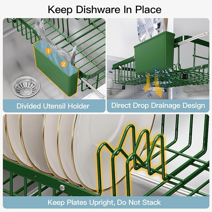 JASIWAY Green Dish Drying Rack Over the Sink with Utensil Holder | Expandable Stainless Steel Dish Driainers for Small Kitchen, Apartment, Counter Space Saving, Fast Drain, Rust Resistant - Image 9