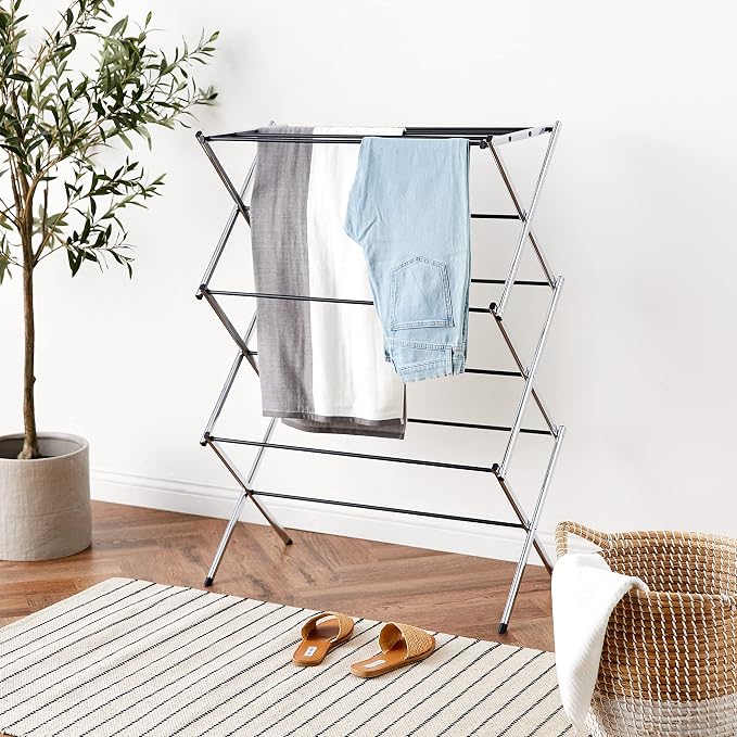 Amazon Basics Foldable Portable Metal Clothes Drying Rack for Indoor Air Drying, Energy Saving, 14.5 x 29.5 x 41.8 inches, Chrome Silver - Image 2