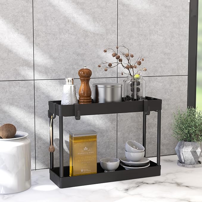 Simple Houseware 2-Tier Under Sink Organizer Storage Tray with Hooks, Black - Image 5