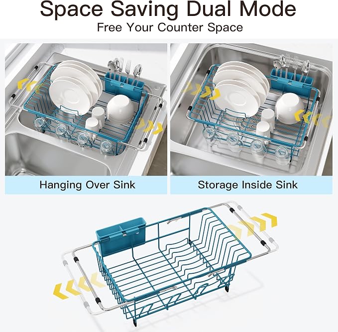 JASIWAY Blue Dish Drying Rack in Sink, Dish Drainer with Utensil Holder | Over The Sink Expandable Stainless Steel Strainer Dryer Rack for Small Kitchen, Counter Space Saving, Fast Drain, Rustproof - Image 2