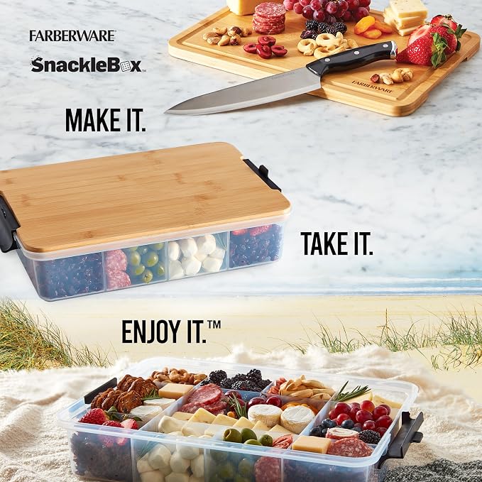 Farberware Build Snacklebox Serving Tray with Locking Bamboo Cutting Board Lid, Portable Storage Container with Compartments for Charcuterie, and More, Natural (Pack of 4) - Image 2